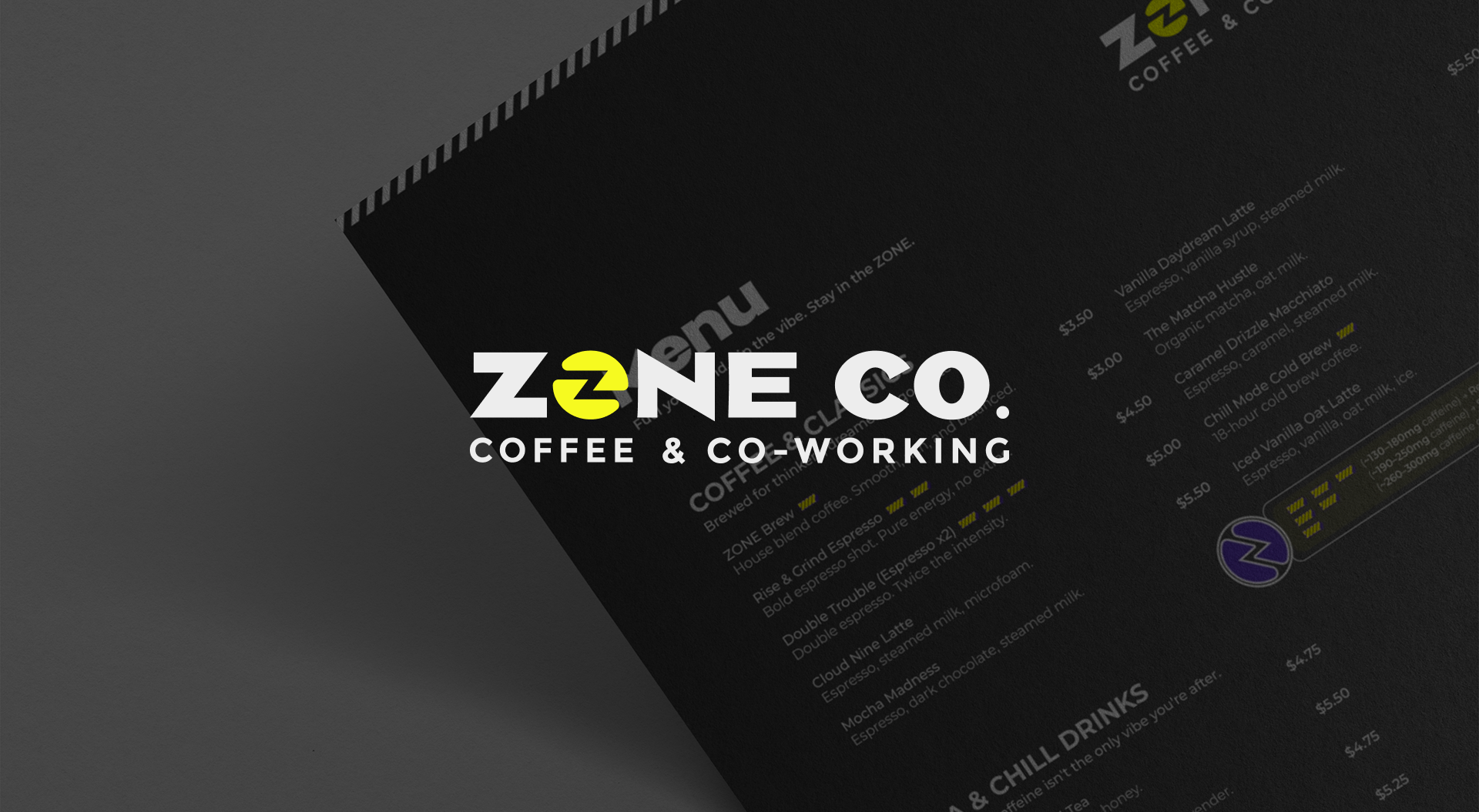 Mockup of the menu design for Café & Co-Working Space ZONE Co., showcasing the brand logo and design elements.