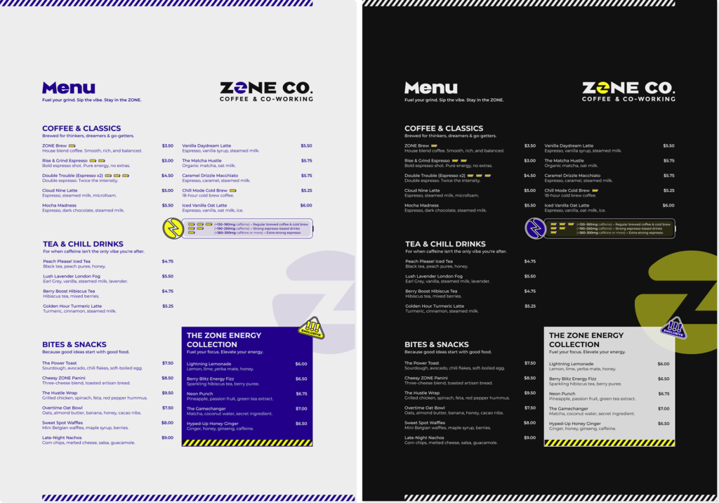Menus designs for ZONE Co.,highlighting the vibrant and engaging brand aesthetic.
