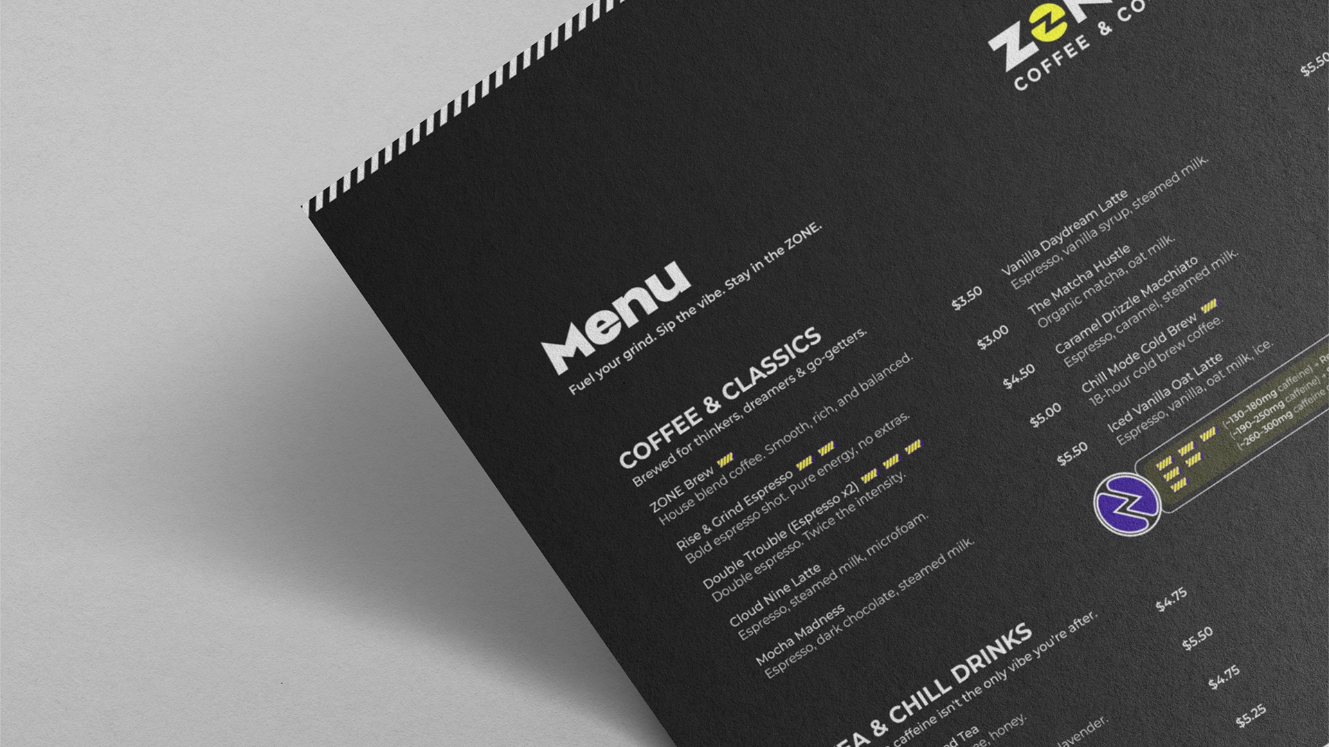 Mockup showcasing the dark version of ZONE Co.'s menu design.