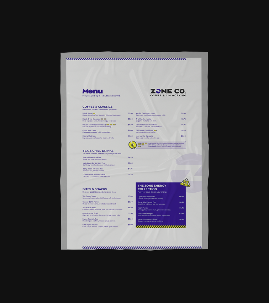 Mockup showcasing the light version of ZONE Co.'s menu design.