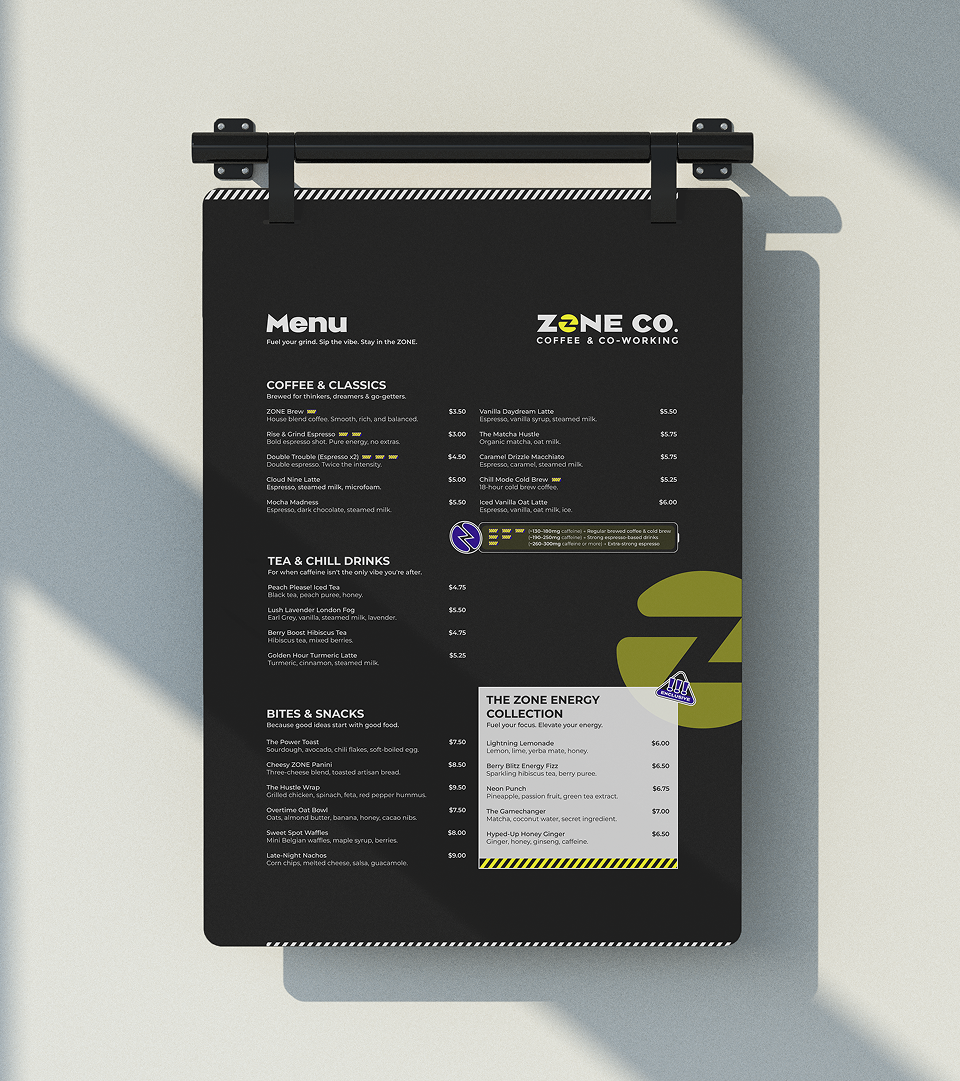 Mockup showcasing the dark version of ZONE Co.'s menu design.